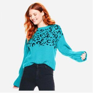 Nine West Rib Crew Neck Teal Black Animal Pattern Size L Sweater
